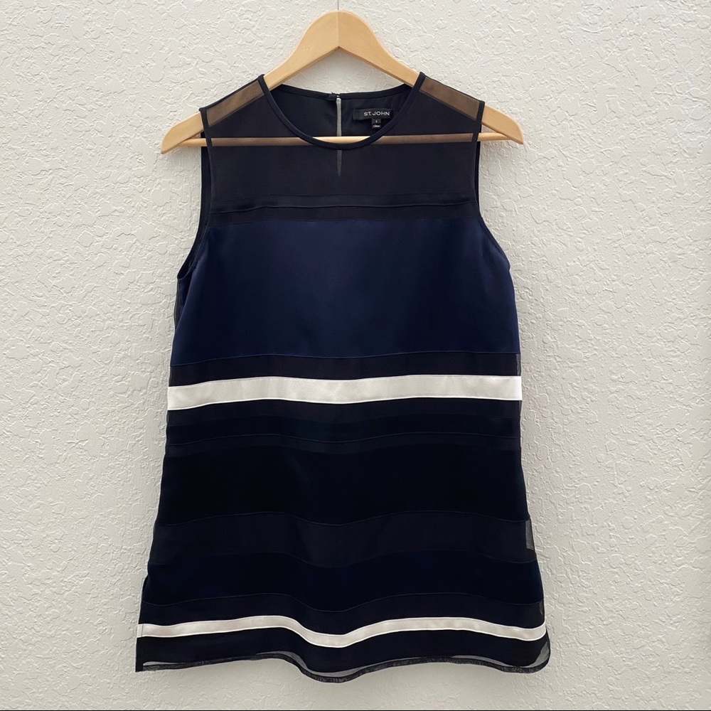 St John Silk Sleeveless Tunic Blue Black Cream Top